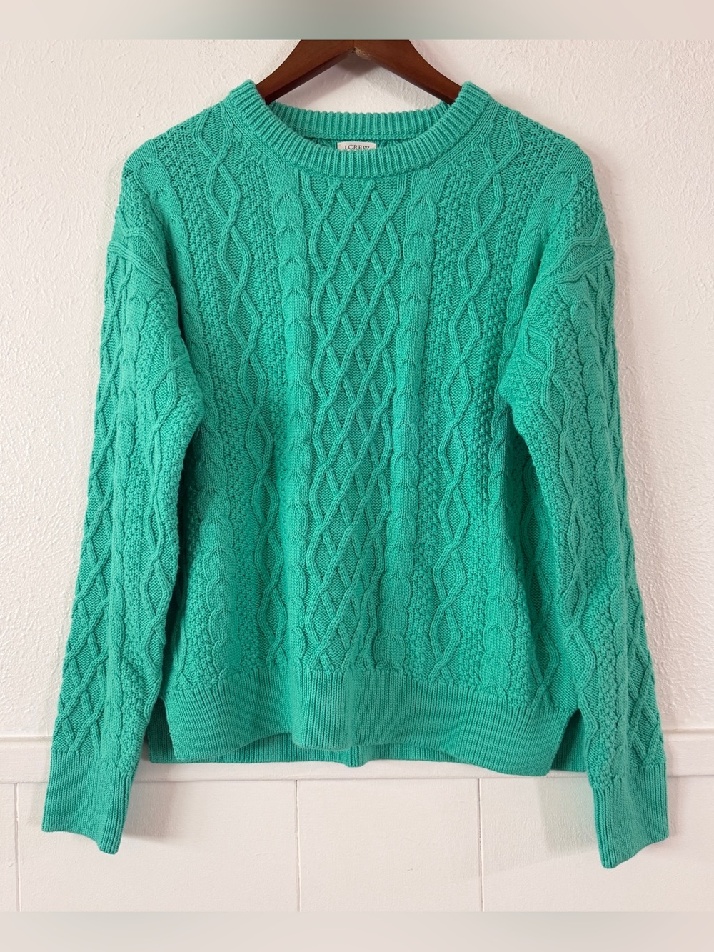 J.Crew Women’s M Turquoise Cable Knit Cotton Crewneck Sweater Pullover NWOT